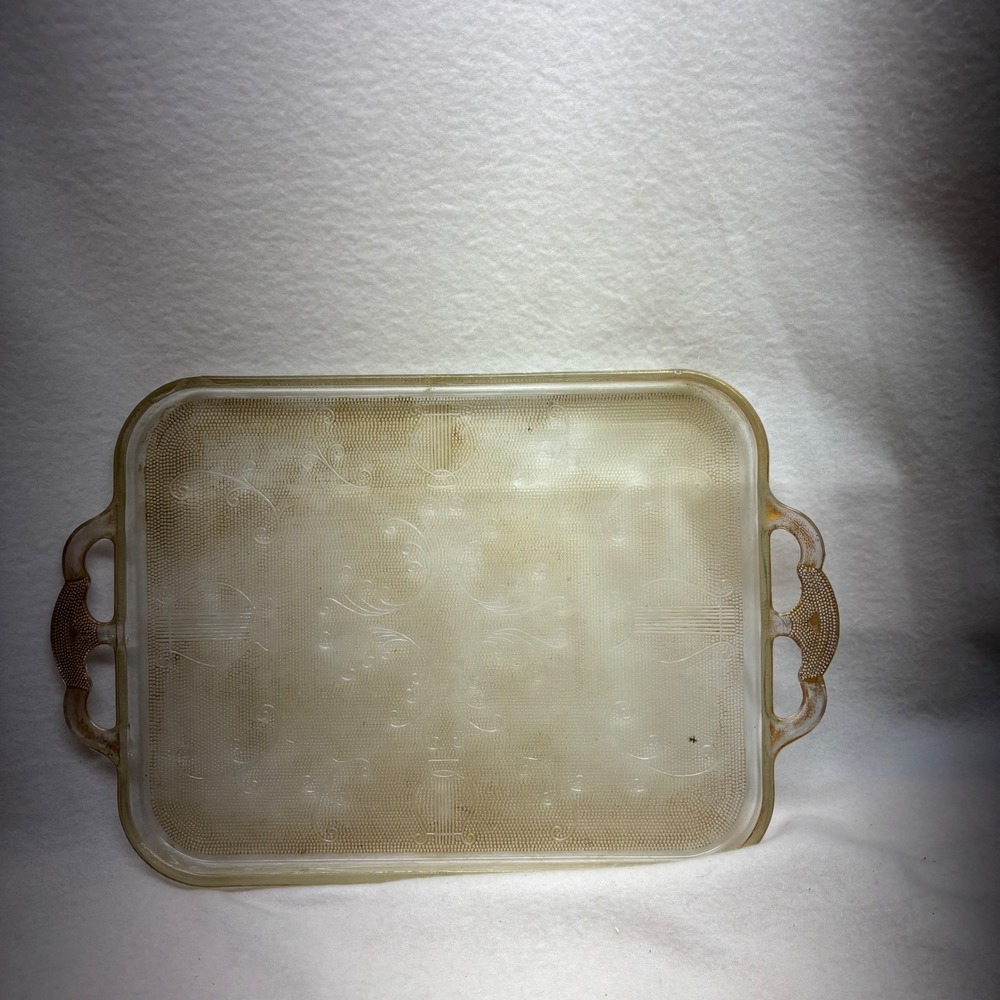 Vintage Harp Etched Glass Serving Tray with Handles‎ Ornate Floral Design